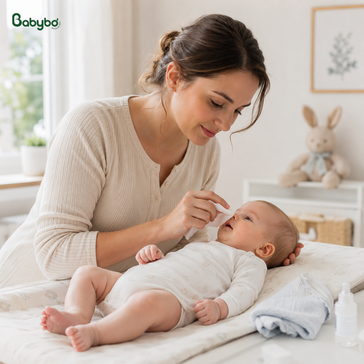 Chăm sóc trẻ sơ sinh bị ho bằng cách vệ sinh mũi nhẹ nhàng