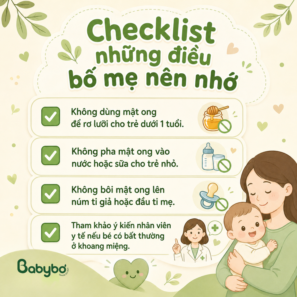 Checklist lưu ý khi rơ lưỡi cho bé không dùng mật ong cho trẻ dưới 1 tuổi