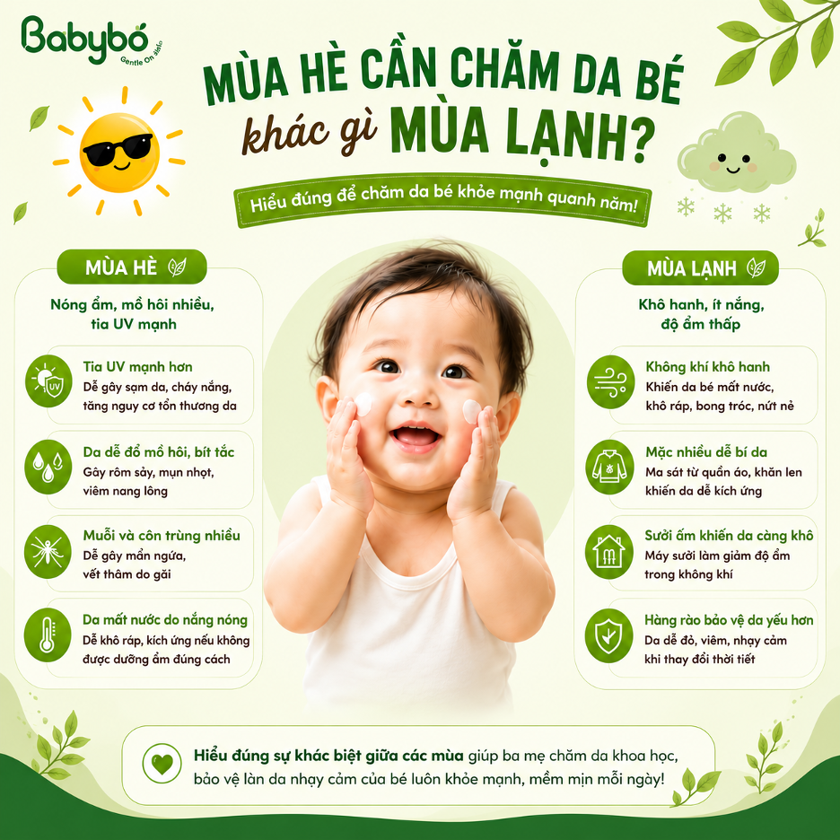 Da bé mùa hè dễ mất nước do nắng nóng, mồ hôi và điều hòa hoạt động liên tục.
