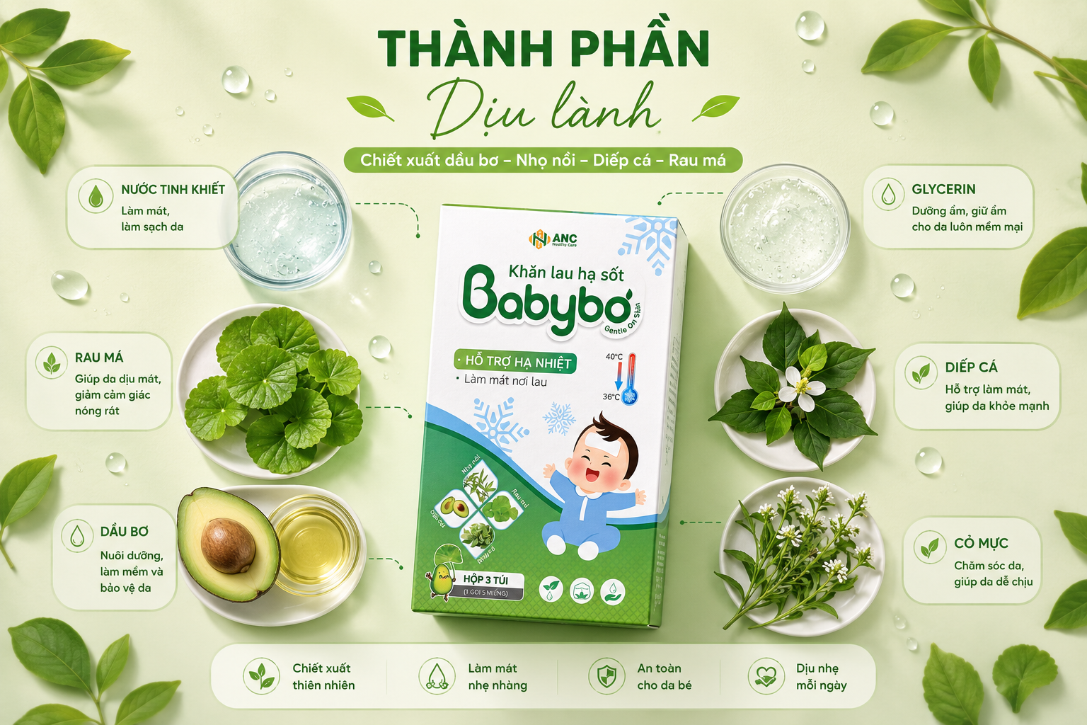 thành phần khăn lau hạ sốt babybơ dịu nhẹ cho da bé