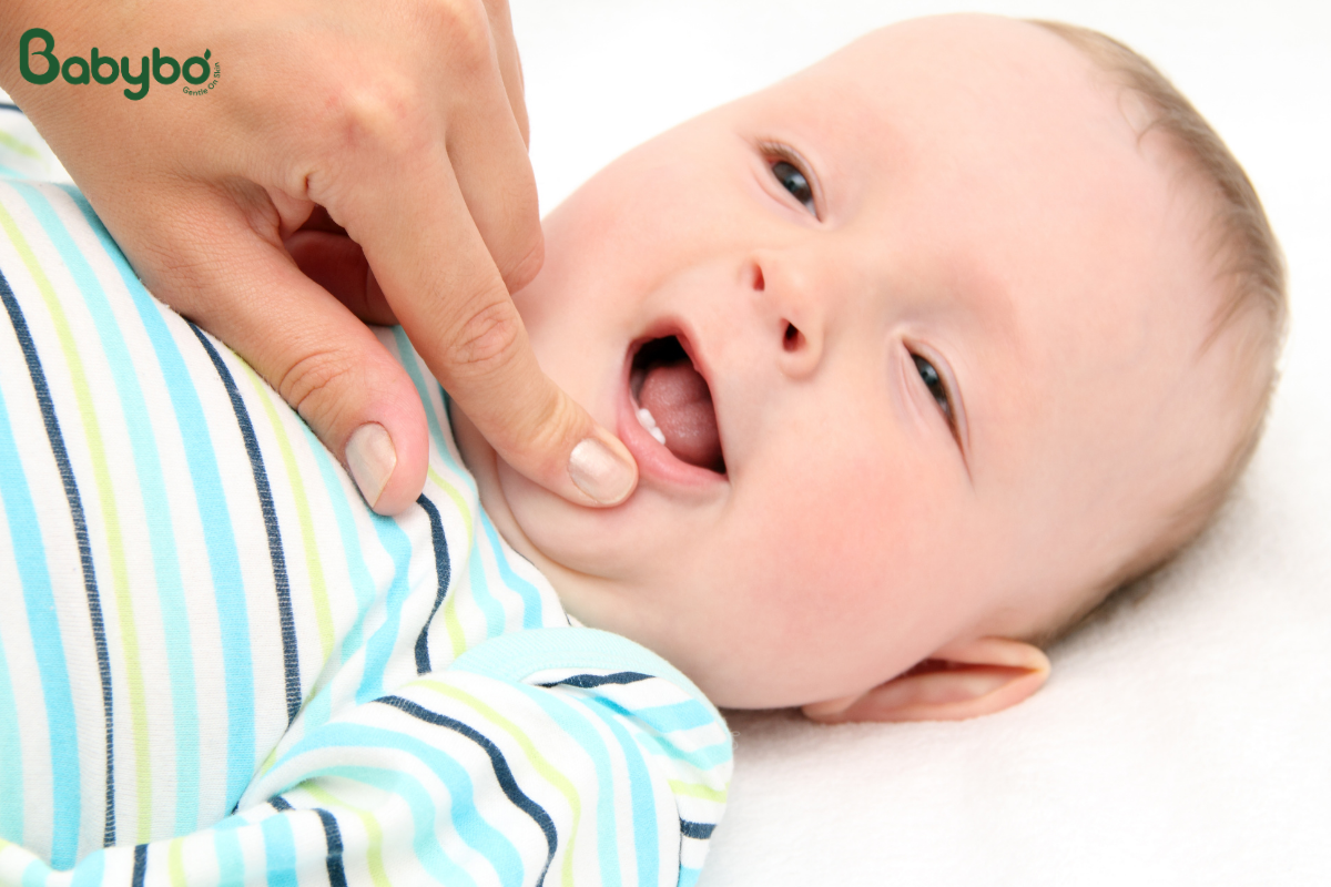 Kiểm tra khoang miệng trẻ sơ sinh để phát hiện cặn sữa và mảng bám trên lưỡi, nướu.