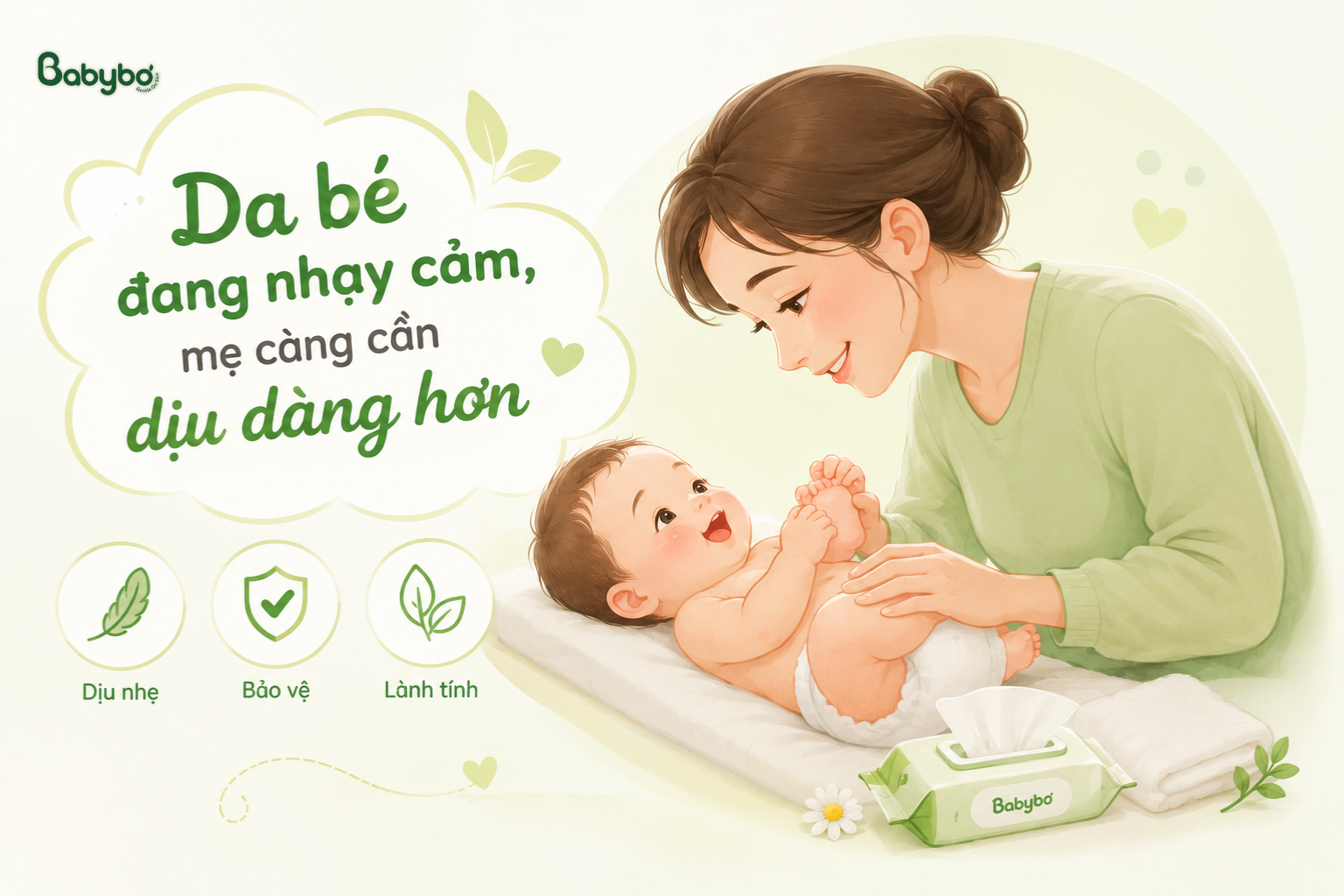 Hình minh họa mẹ chăm sóc em bé mặc bỉm với thông điệp “Da bé đang nhạy cảm, mẹ càng cần dịu dàng hơn”, phong cách nhẹ nhàng của BABYBƠ.