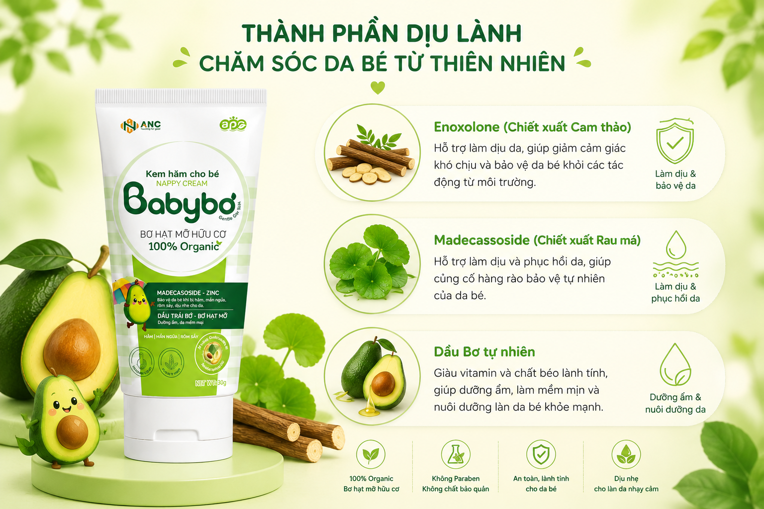 Kem hăm BABYBƠ với thành phần Enoxolone cam thảo, Madecassoside rau má và dầu bơ tự nhiên hỗ trợ chăm sóc da bé dịu nhẹ từ thiên nhiên