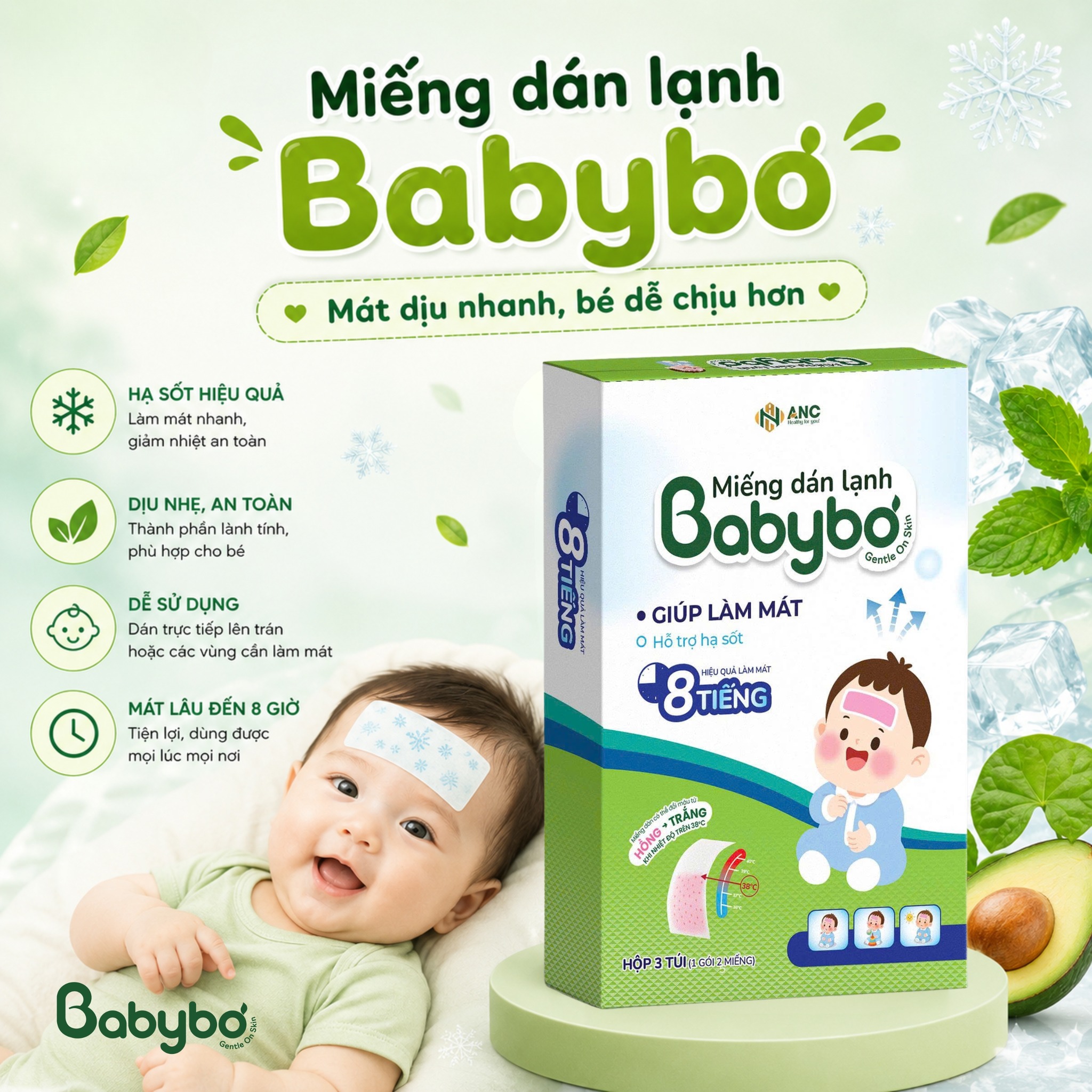 miếng dán lạnh BABYBƠ hỗ trợ hạ sốt cho bé với cảm giác mát dịu và an toàn
