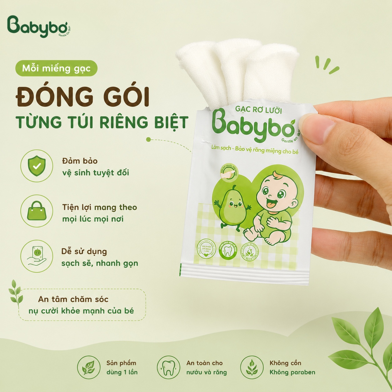 Gạc rơ lưỡi BABYBƠ với mùi hương nhẹ dịu và vị hơi mặn tự nhiên giúp làm sạch khoang miệng, bảo vệ niêm mạc cho bé.