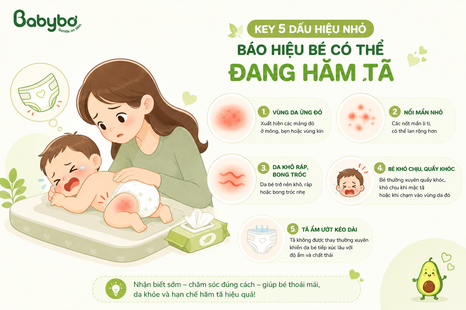 Infographic BABYBƠ minh họa 5 dấu hiệu sớm bé có thể bị hăm tã gồm da ửng đỏ, nổi mẩn nhỏ, da khô ráp, bé quấy khóc và tã ẩm ướt kéo dài.