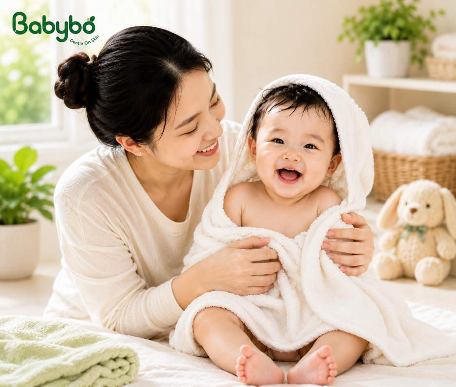 Sau khi tắm, làn da bé cần được lau khô nhẹ nhàng và giữ ẩm đúng cách để luôn mềm mại, dễ chịu trong những ngày thời tiết oi nóng.