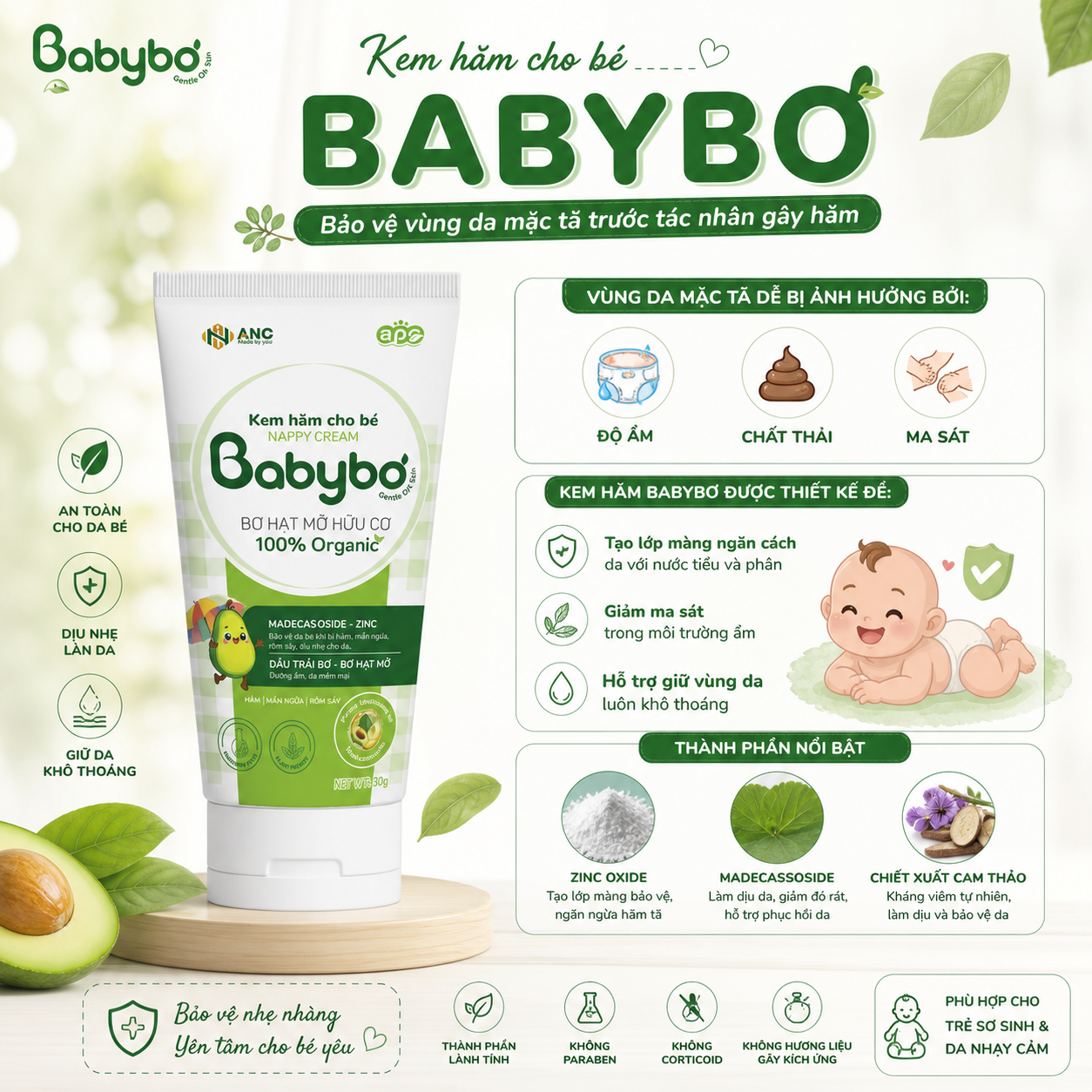 Sản phẩm kem hăm BABYBƠ với thành phần Zinc Oxide, Madecassoside và cam thảo hỗ trợ làm dịu da nhạy cảm cho bé.