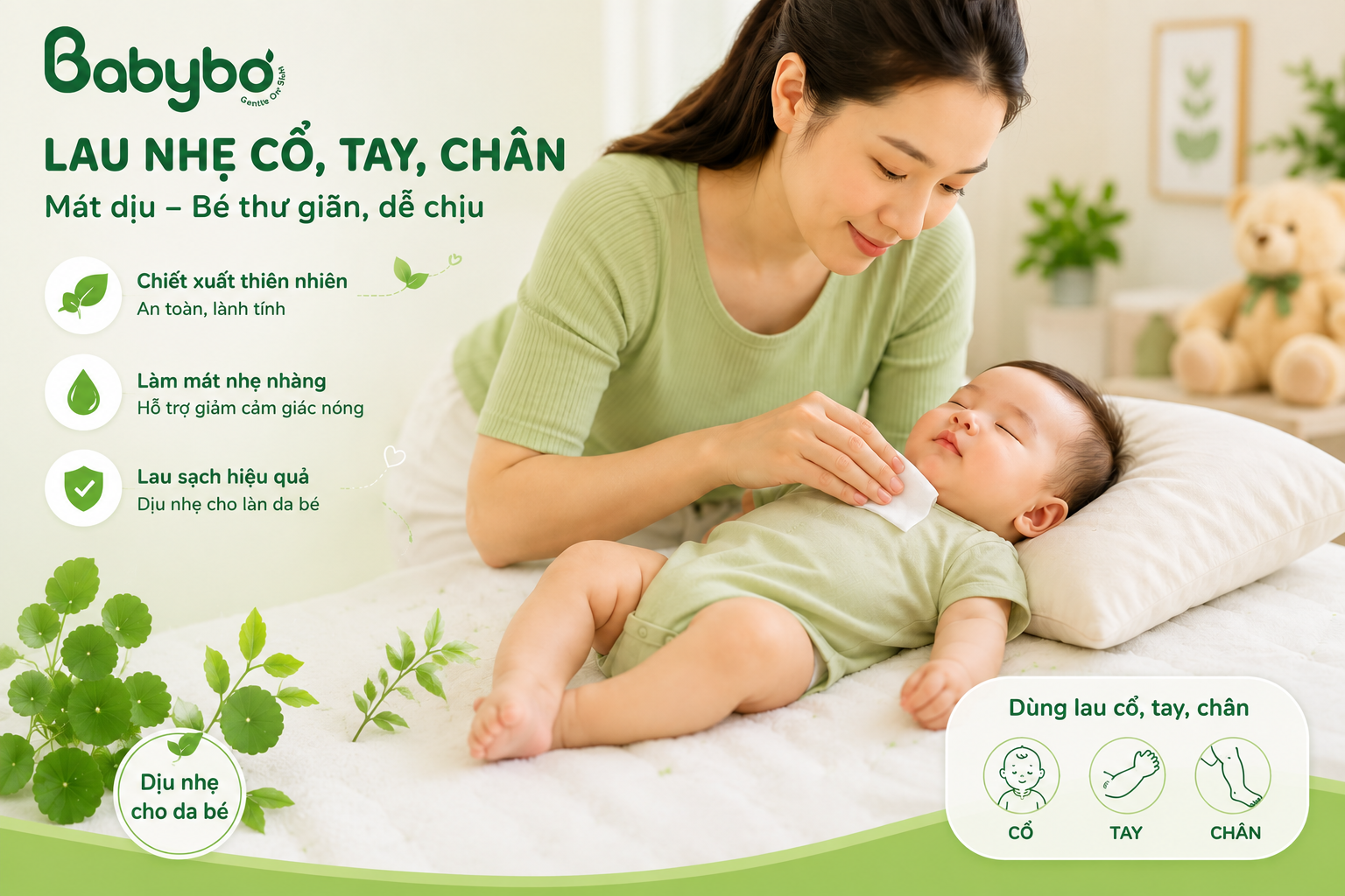 Khi dùng khăn lau hạ sốt, cha mẹ nên lau nhẹ nhàng ở các vùng như cổ, nách, tay, chân và luôn theo dõi thân nhiệt của bé.