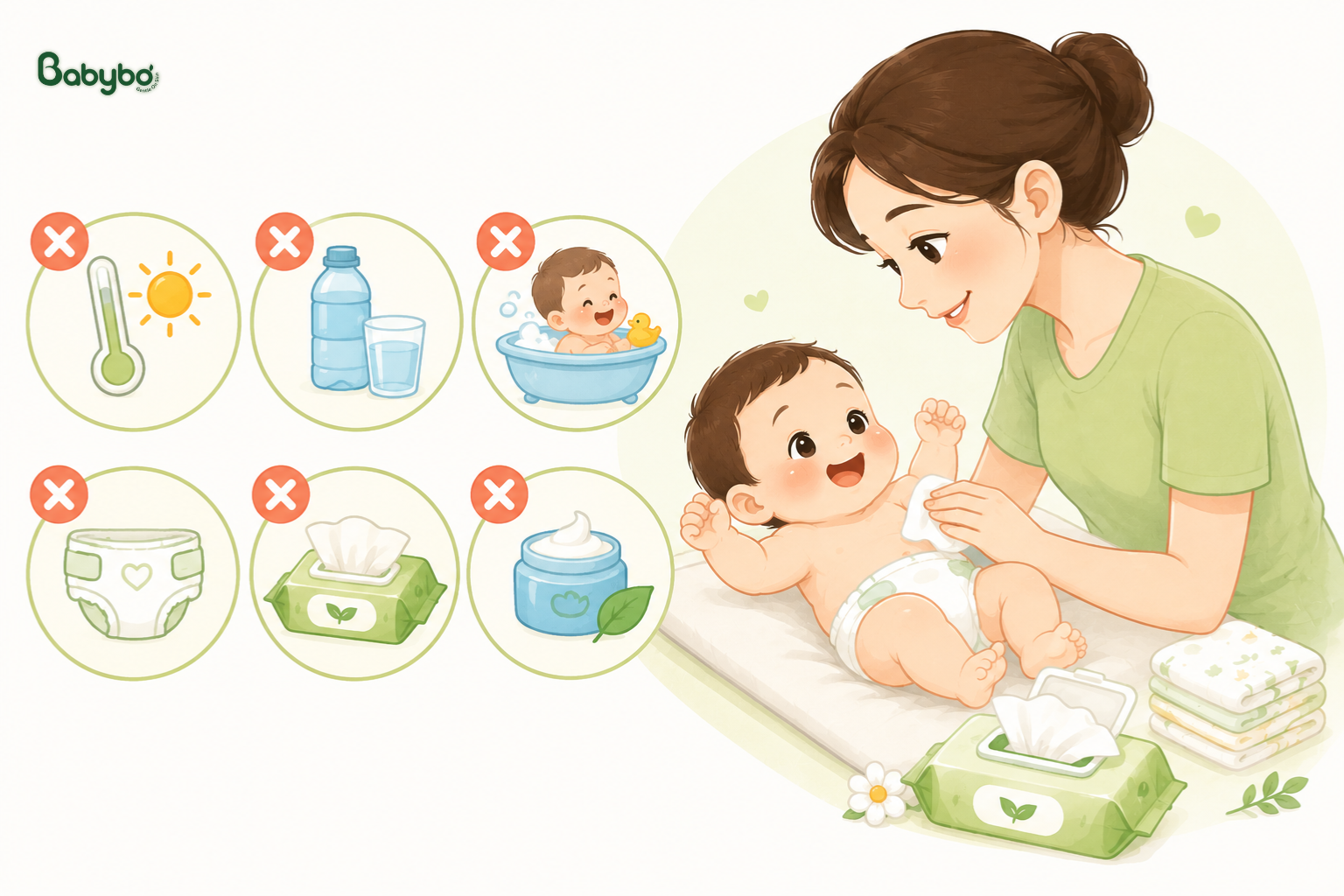 Hình minh họa mẹ đang thay tã cho em bé với các biểu tượng chăm sóc da bé, vệ sinh và phòng ngừa hăm tã theo phong cách nhẹ nhàng của BABYBƠ.