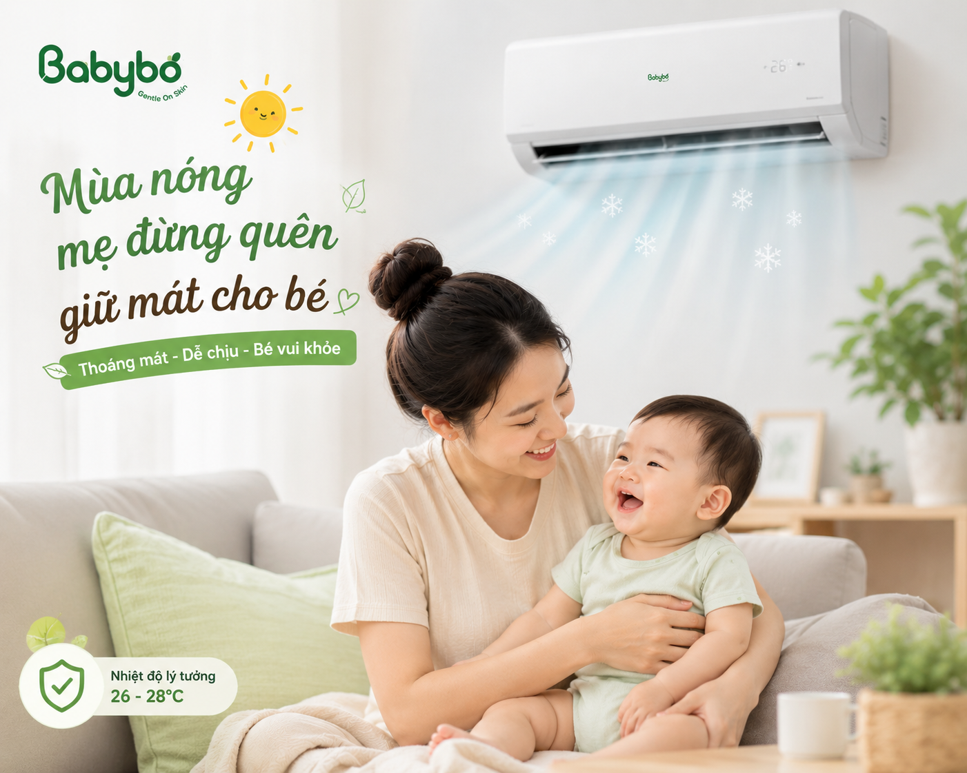 Điều hòa giúp bé dễ chịu hơn trong ngày nóng.&nbsp; Nhưng mẹ cũng đừng quên giữ nhiệt độ vừa phải và bổ sung độ ẩm để làn da bé luôn mềm mại, dễ chịu nhé.