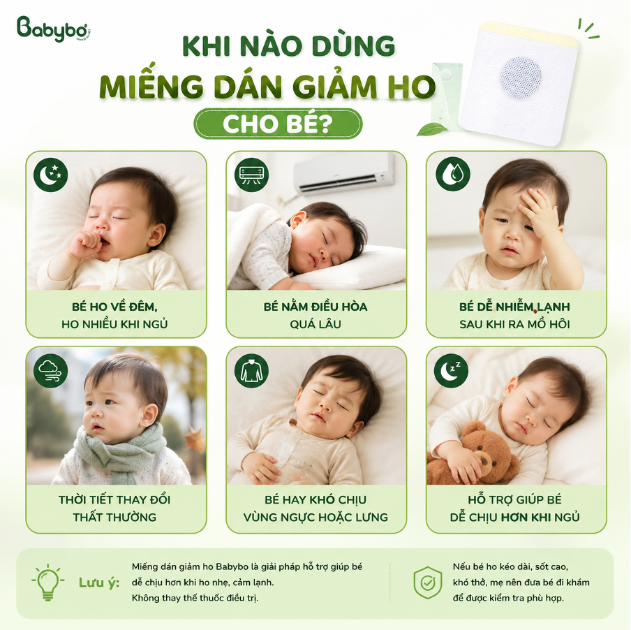 khi nào nên dùng miếng dán giảm ho BABYBƠ cho bé ho về đêm và nằm điều hòa nhiều