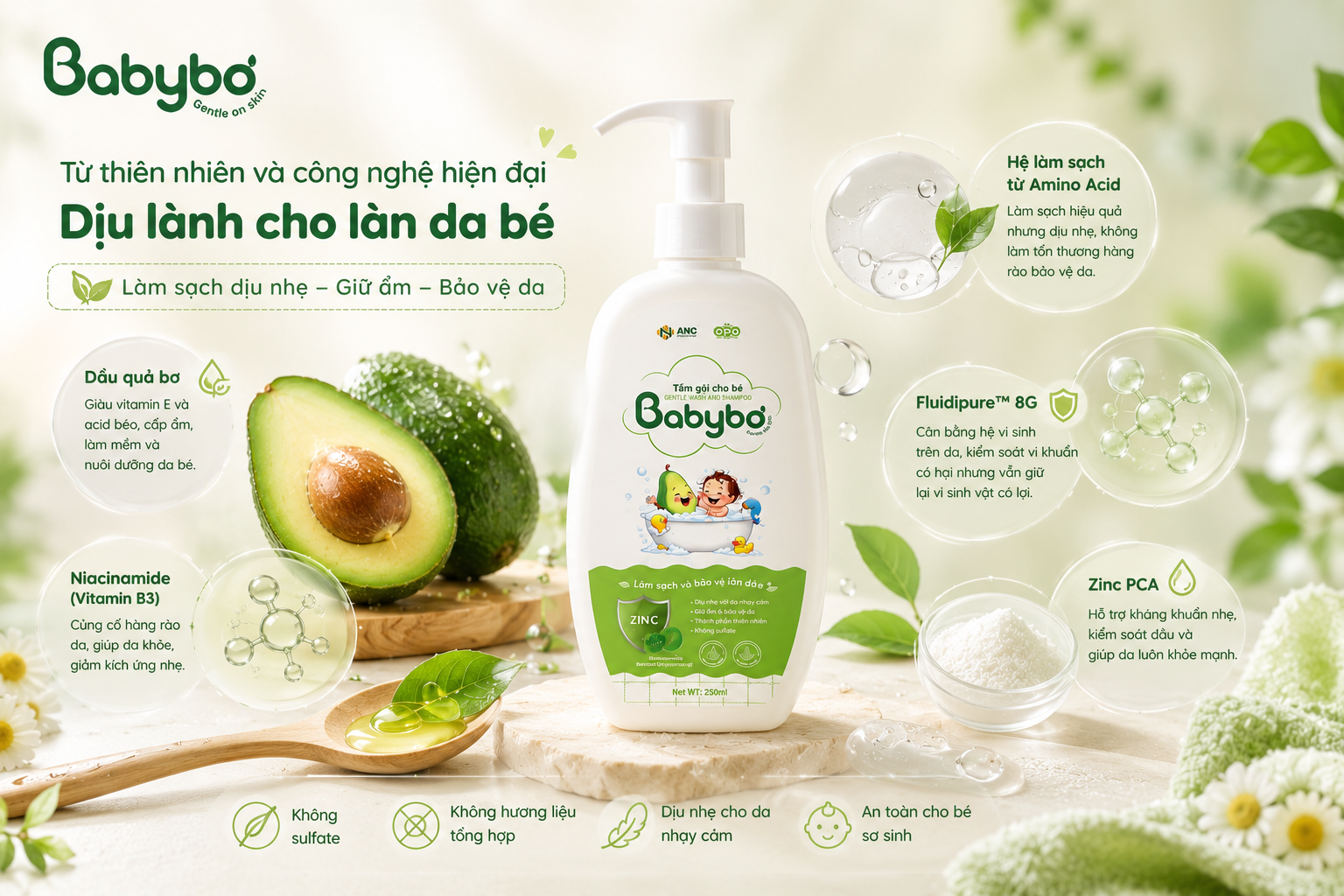 thành phần sữa tắm babybơ amino acid niacinamide dầu bơ