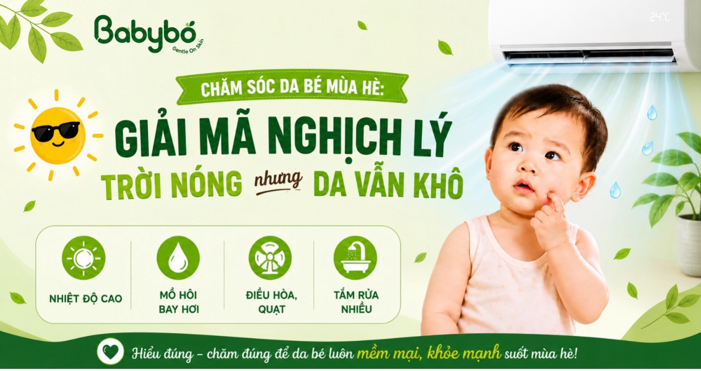 BABYBƠ gợi ý cách chăm sóc da bé mùa nóng dịu nhẹ, an toàn và đủ ẩm để bé luôn mềm mại, dễ chịu mỗi ngày.