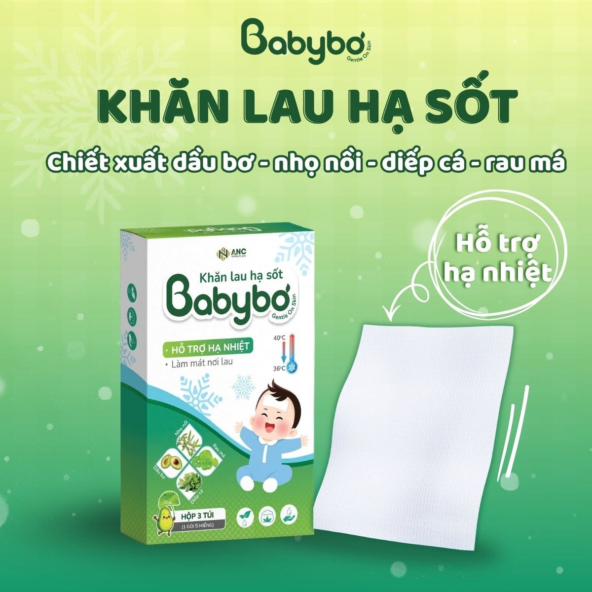 Khăn lau hạ sốt BABYBƠ hỗ trợ làm mát và chăm sóc da bé.