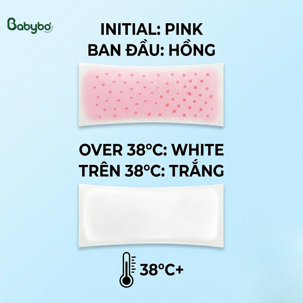 Miếng dán lạnh BABYBƠ đổi màu theo nhiệt độ cơ thể bé.