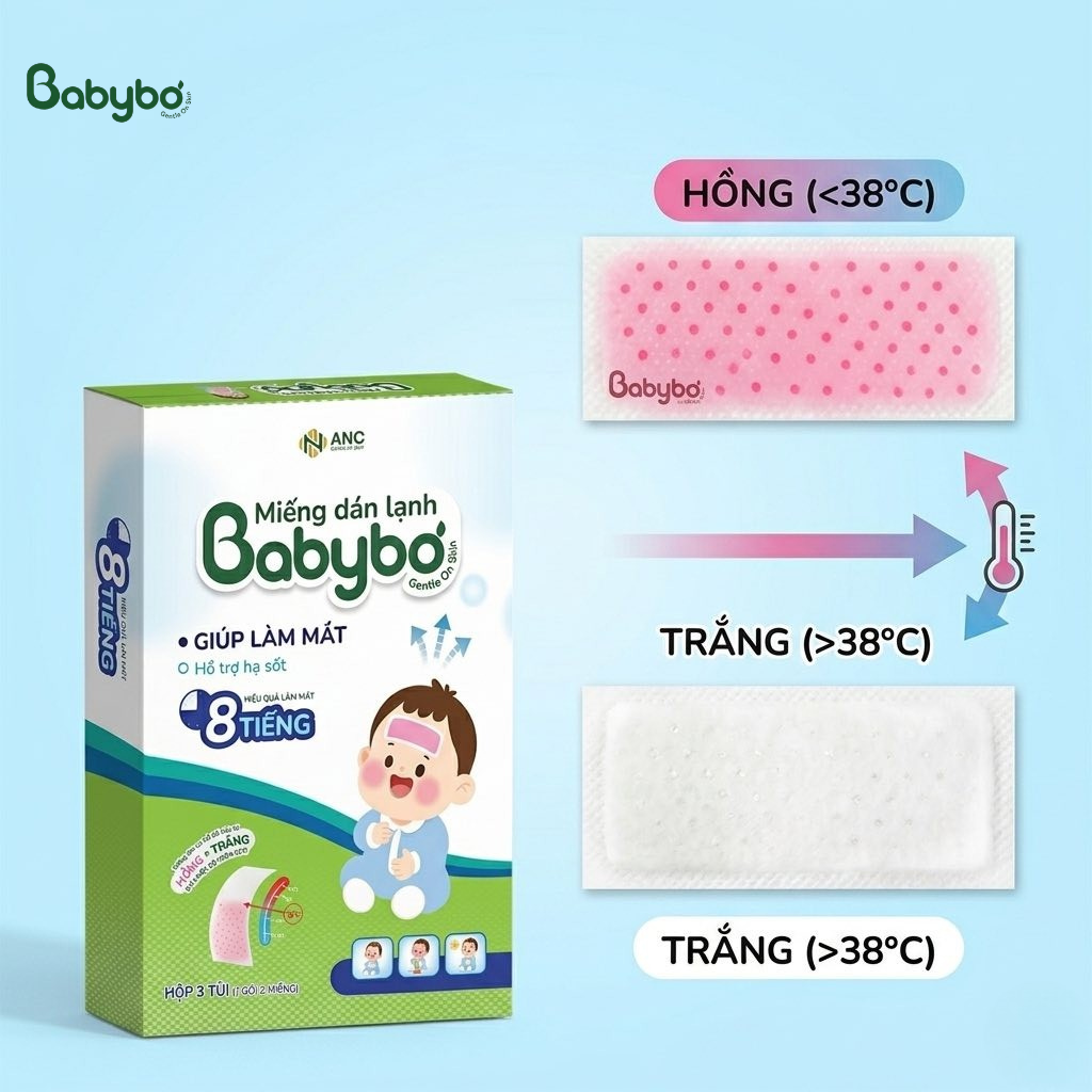 Hộp miếng dán lạnh BABYBƠ và hướng dẫn đổi màu khi bé sốt trên 38°C.