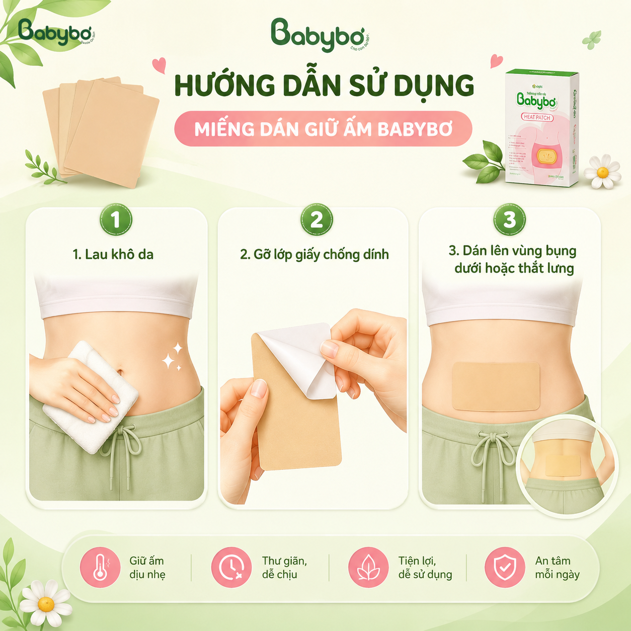 Cách dùng miếng dán giảm đau bụng kinh Babybơ đúng cách