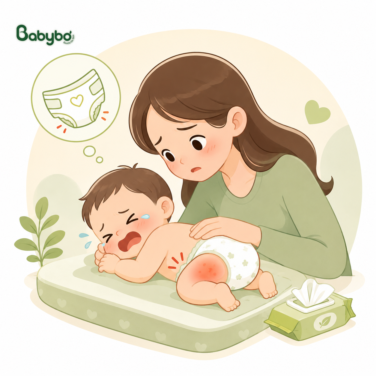 Mẹ đang kiểm tra vùng da bị hăm đỏ của em bé mặc bỉm, minh họa tình trạng hăm tã ở trẻ nhỏ.