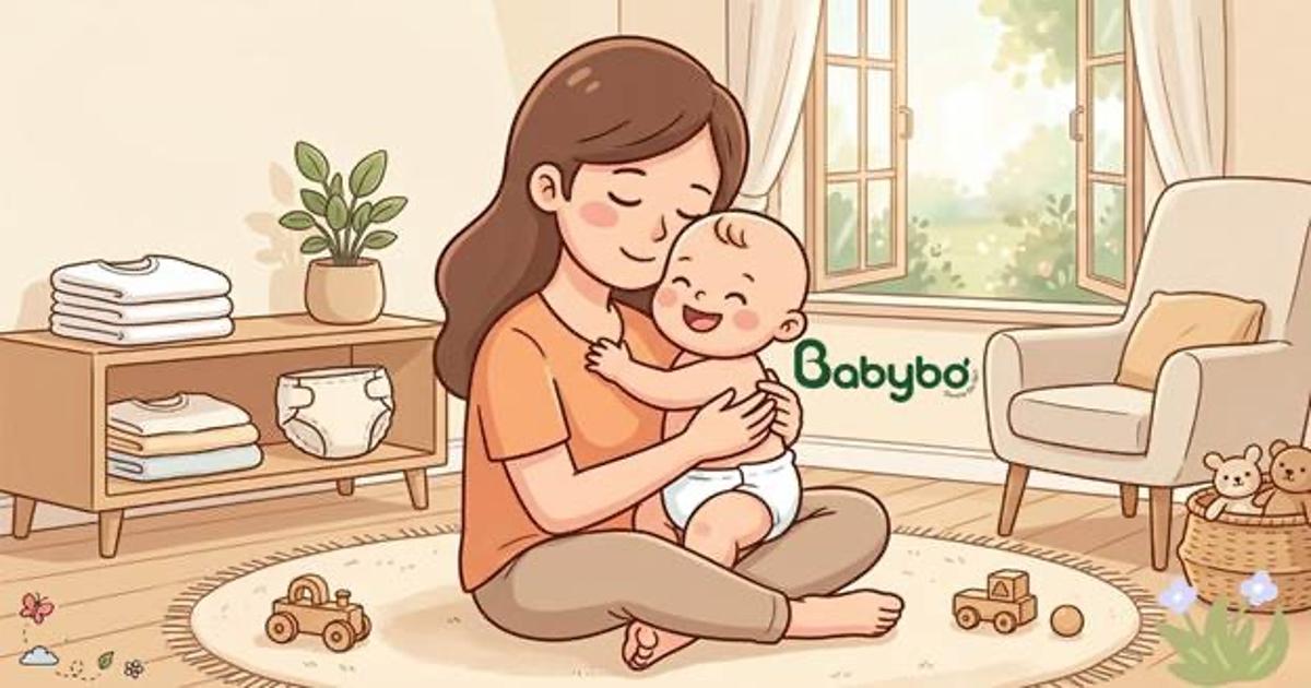 Mẹ ôm bé hạnh phúc trong không gian dịu lành cùng BABYBƠ – chăm sóc làn da nhạy cảm của bé mỗi ngày bằng sự yêu thương và an toàn.