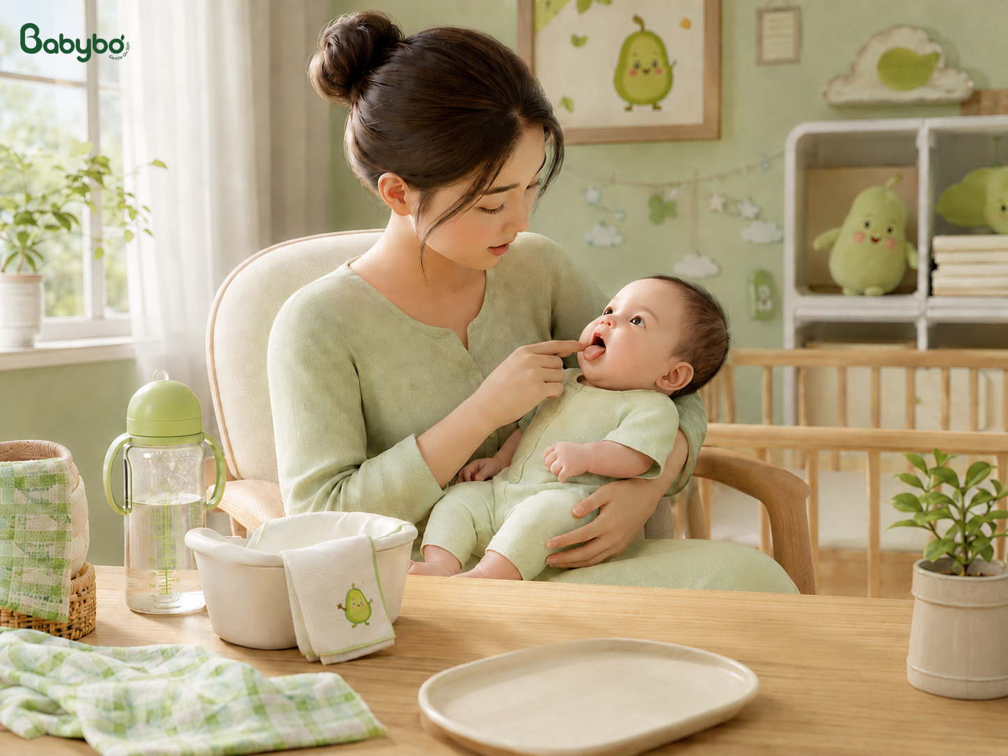 Mẹ nhẹ nhàng quan sát khoang miệng của bé sau cữ bú, phát hiện lớp cặn sữa mỏng trên lưỡi và bắt đầu quan tâm hơn đến việc vệ sinh răng miệng cho bé từ sớm.