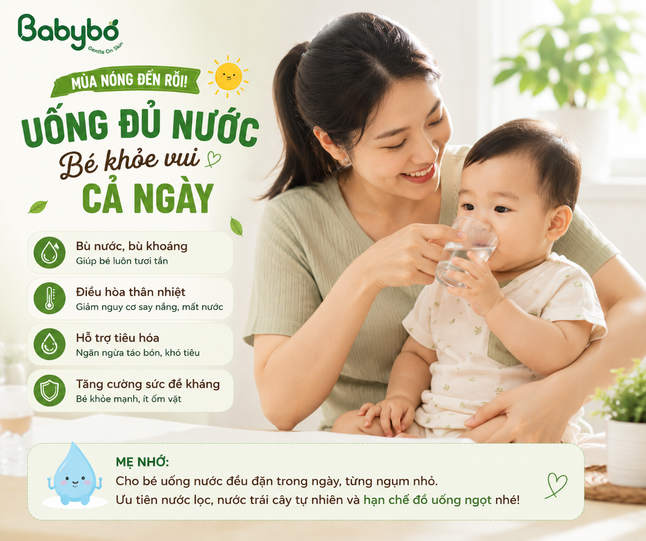 Trong những ngày nắng nóng, bổ sung đủ nước giúp bé duy trì độ ẩm tự nhiên cho cơ thể, hạn chế mất nước và luôn vui khỏe suốt cả ngày.