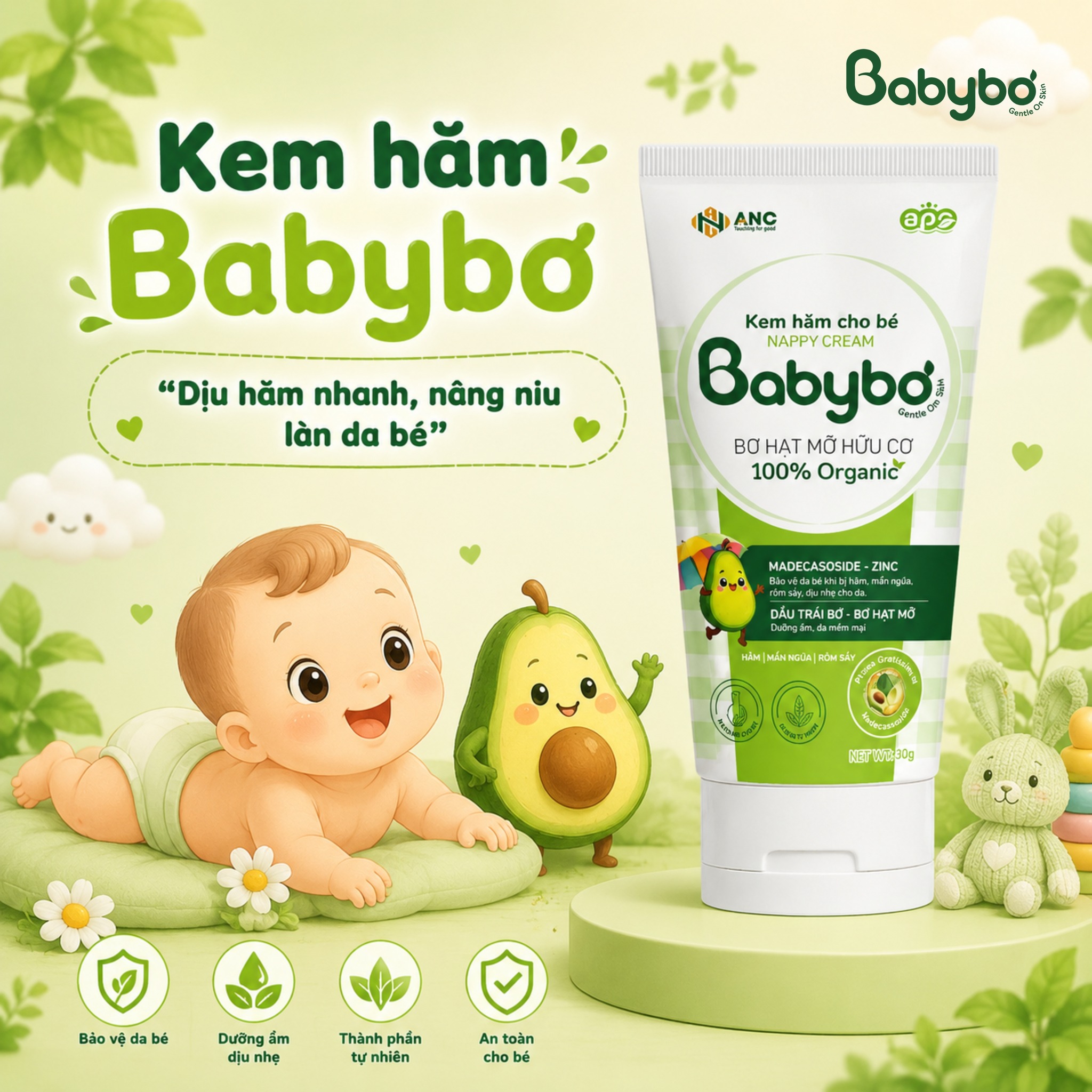 Kem hăm BABYBƠ cho bé với dầu bơ tự nhiên và Madecassoside hỗ trợ làm dịu da hăm tã, chăm sóc vùng da mặc bỉm an toàn cho trẻ sơ sinh