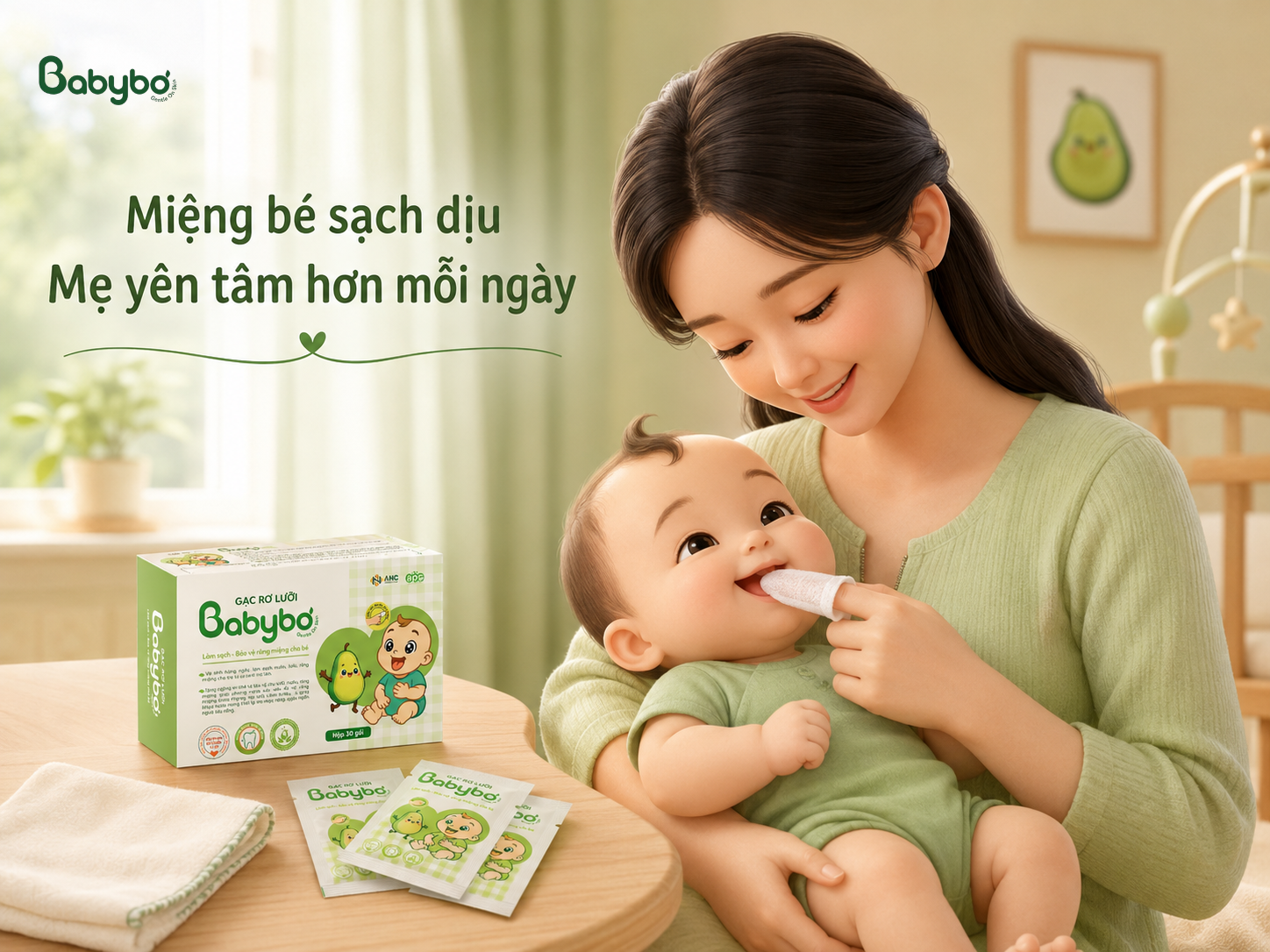 Mẹ bế bé sau khi rơ lưỡi, bé nằm ngoan và dễ chịu trong vòng tay mẹ, mang lại cảm giác nhẹ nhàng, sạch dịu và yên tâm hơn trong chăm sóc hằng ngày.