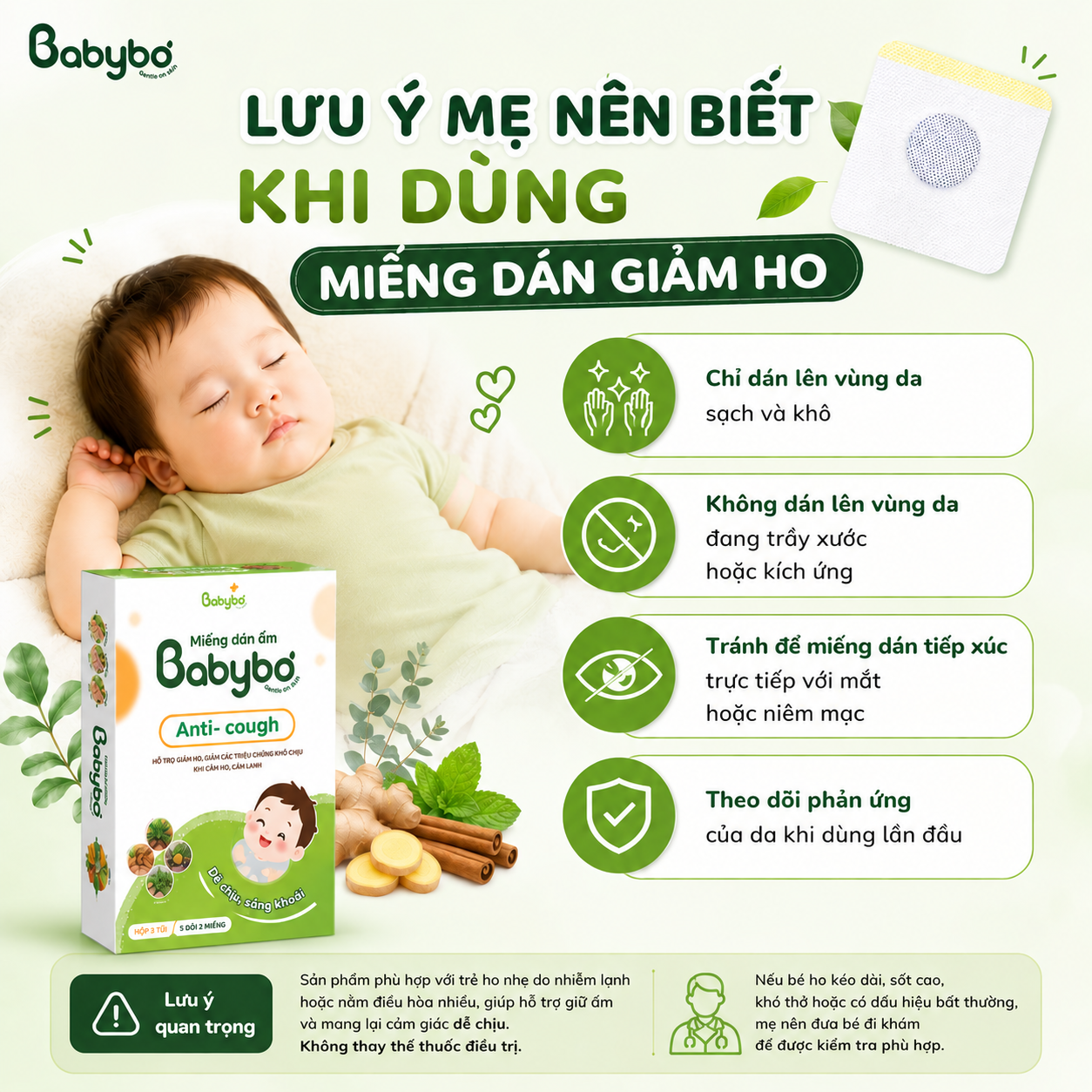lưu ý mẹ nên biết khi dùng miếng dán giảm ho BABYBƠ cho bé tại nhà
