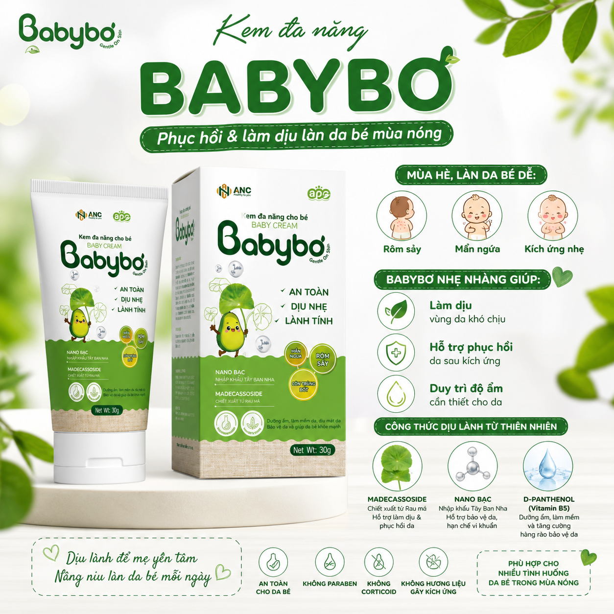 Kem hăm cho bé BABYBƠ giúp làm dịu da hăm đỏ, dưỡng ẩm và bảo vệ làn da nhạy cảm của trẻ sơ sinh trong mùa nóng.