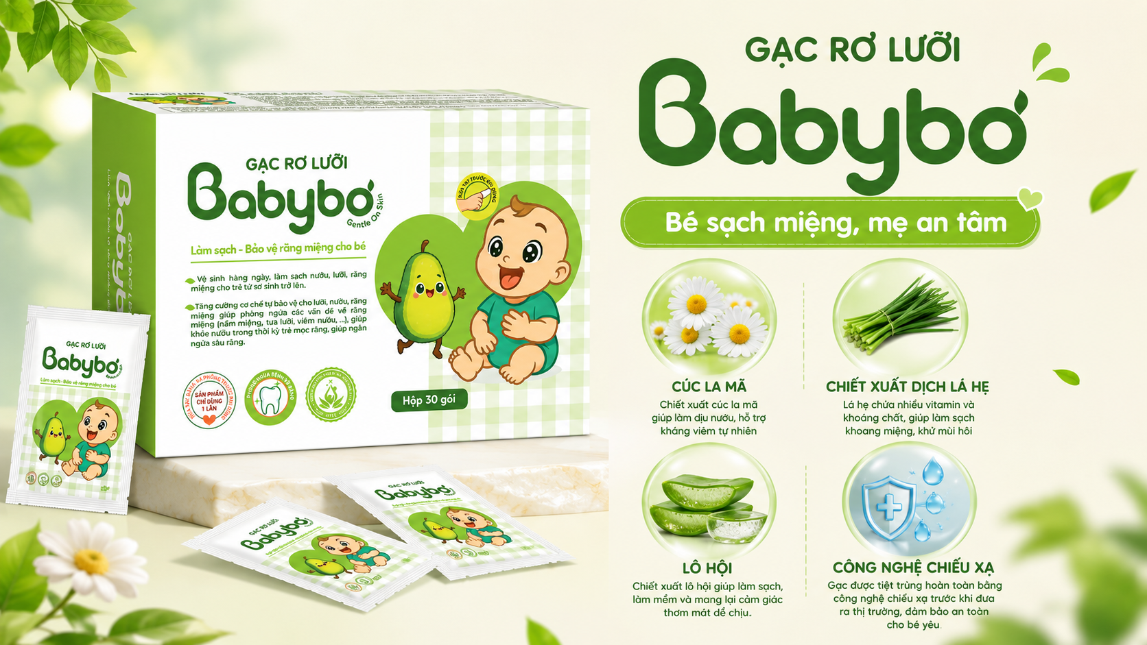 Bảng thành phần gạc rơ lưỡi Babybơ hoàn toàn thiên nhiên.